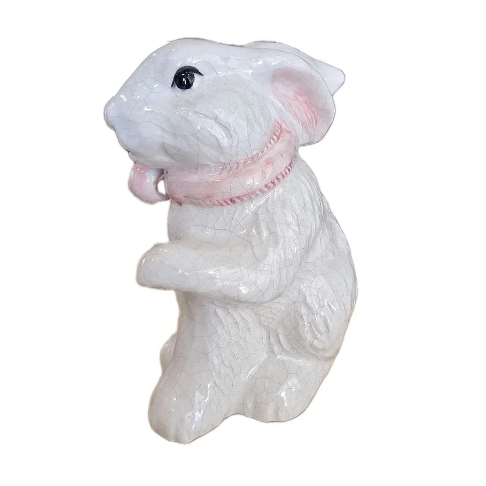 VTG Lot 2 white crackle glaze ceramic bunny pink bow Kitsch Easter Spring Size L